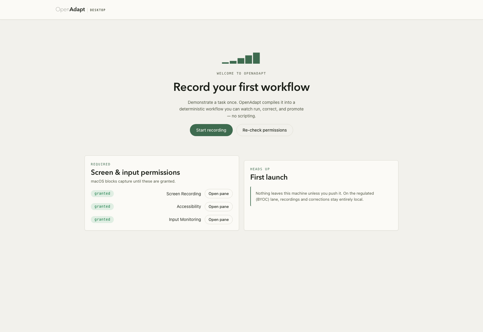 Synthetic Desktop first-run onboarding for recording a workflow.