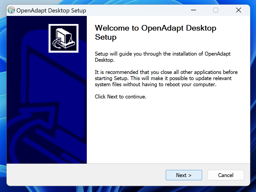 NSIS setup wizard welcome page reading "Welcome to OpenAdapt Desktop Setup" with a Next button.