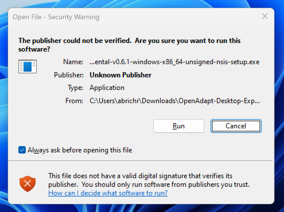 Windows "Open File - Security Warning" dialog reading "The publisher could not be verified" with Publisher: Unknown Publisher for the unsigned NSIS setup .exe, and Run and Cancel buttons.